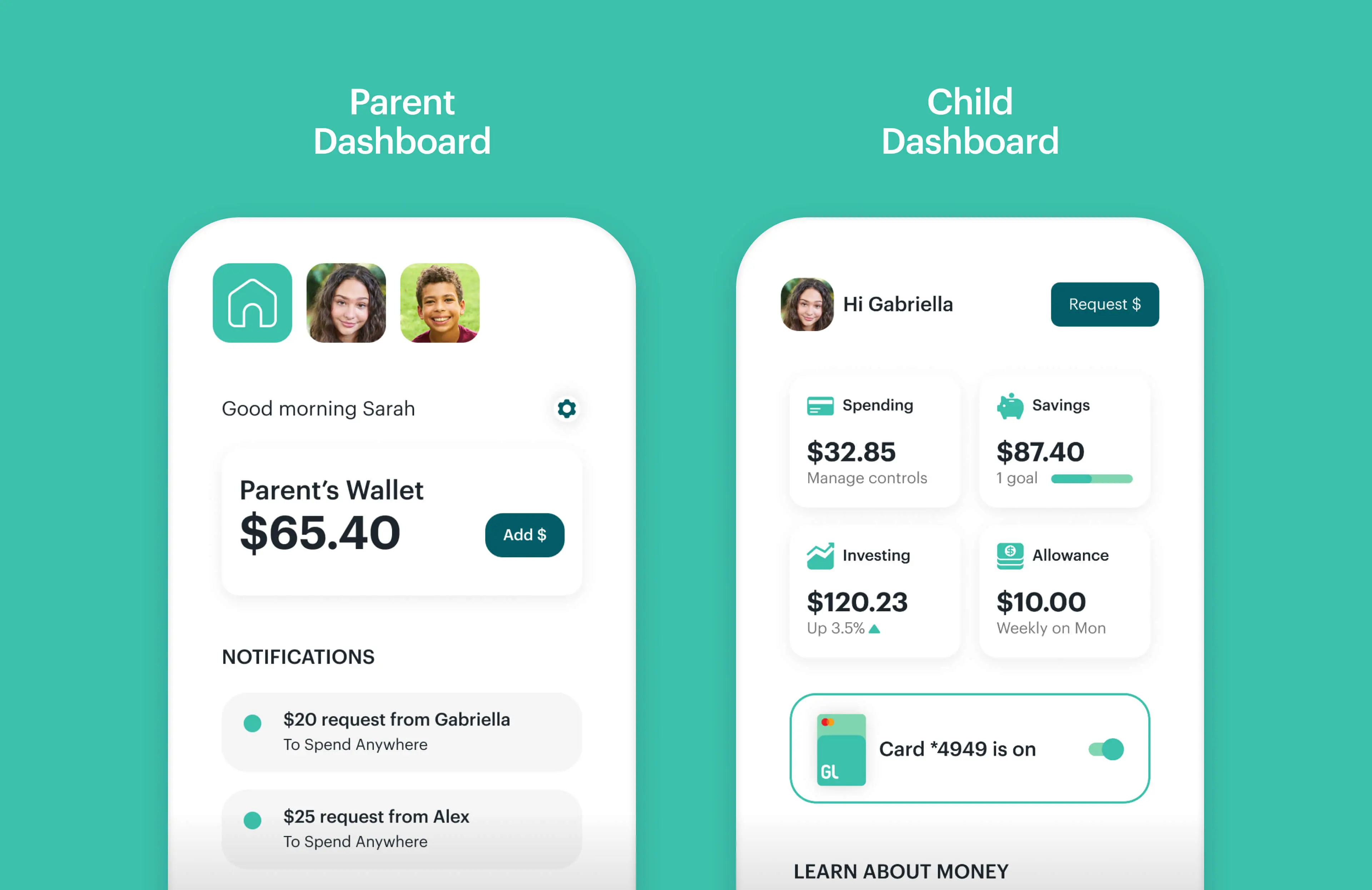 side by side screenshot comparisons of parent's and child's Greenlight app dashboard