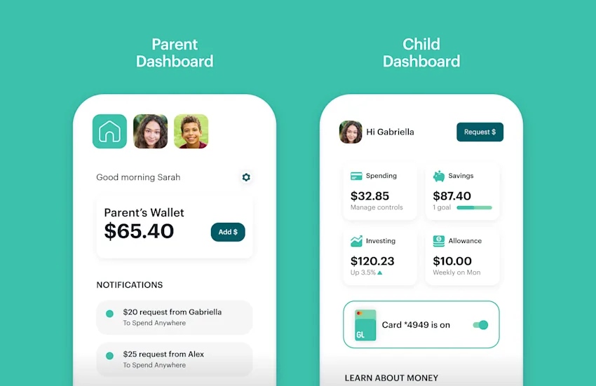 side by side screenshot comparisons of parent's and child's Greenlight app dashboard