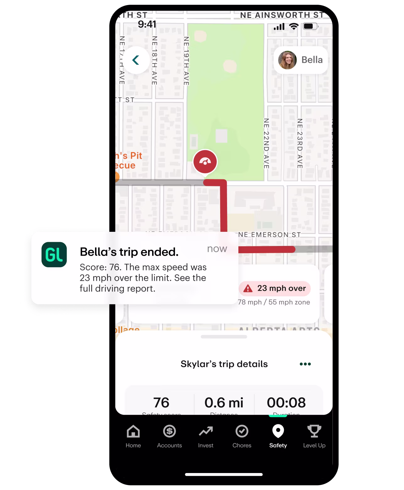 Image of the app safety page with a notification that the daughter's trip ended successfully.