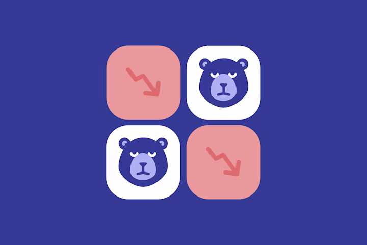 Bear market design with four purple bears and four red arrows in boxes, signifying drop in stock market