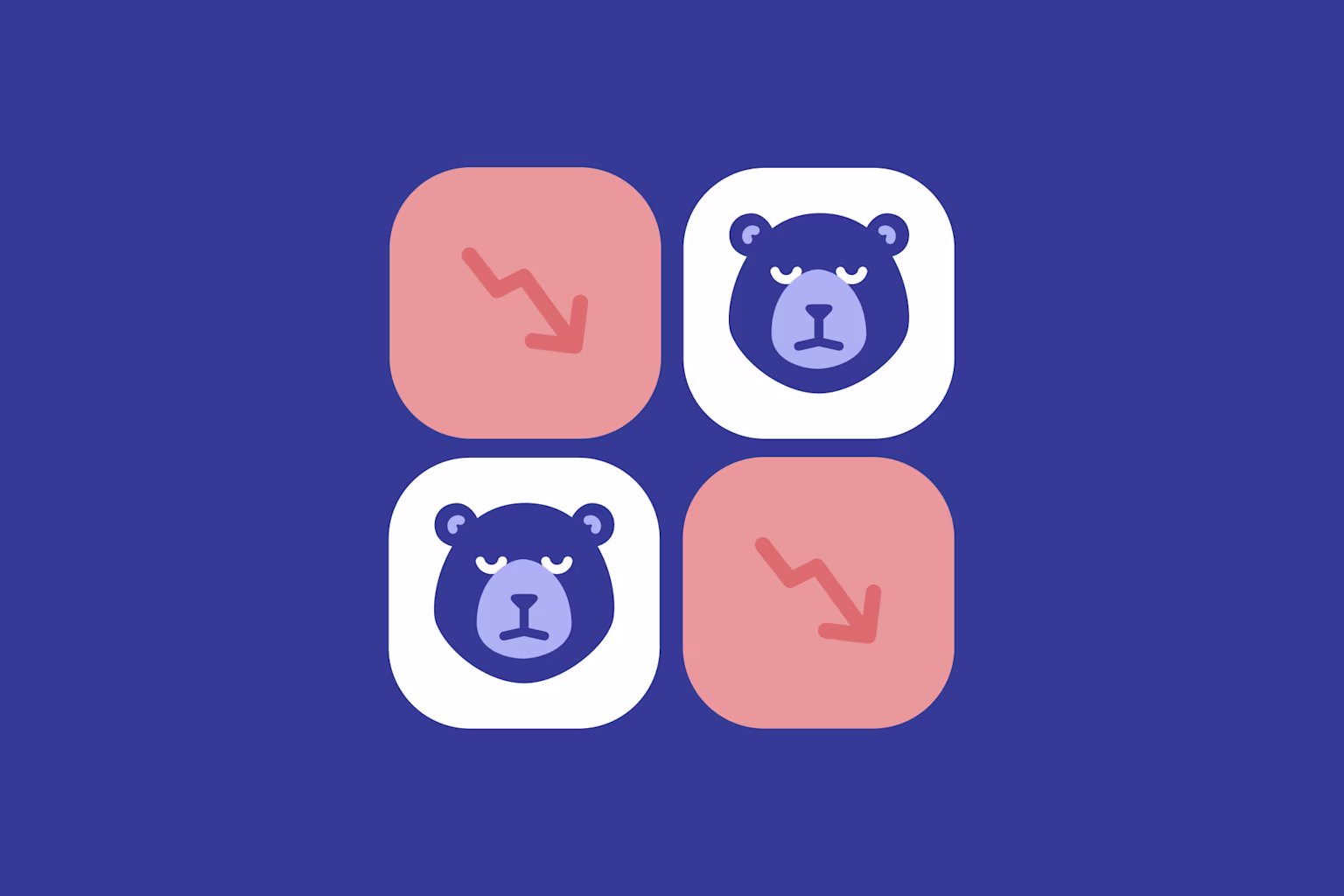 Bear market design with four purple bears and four red arrows in boxes, signifying drop in stock market