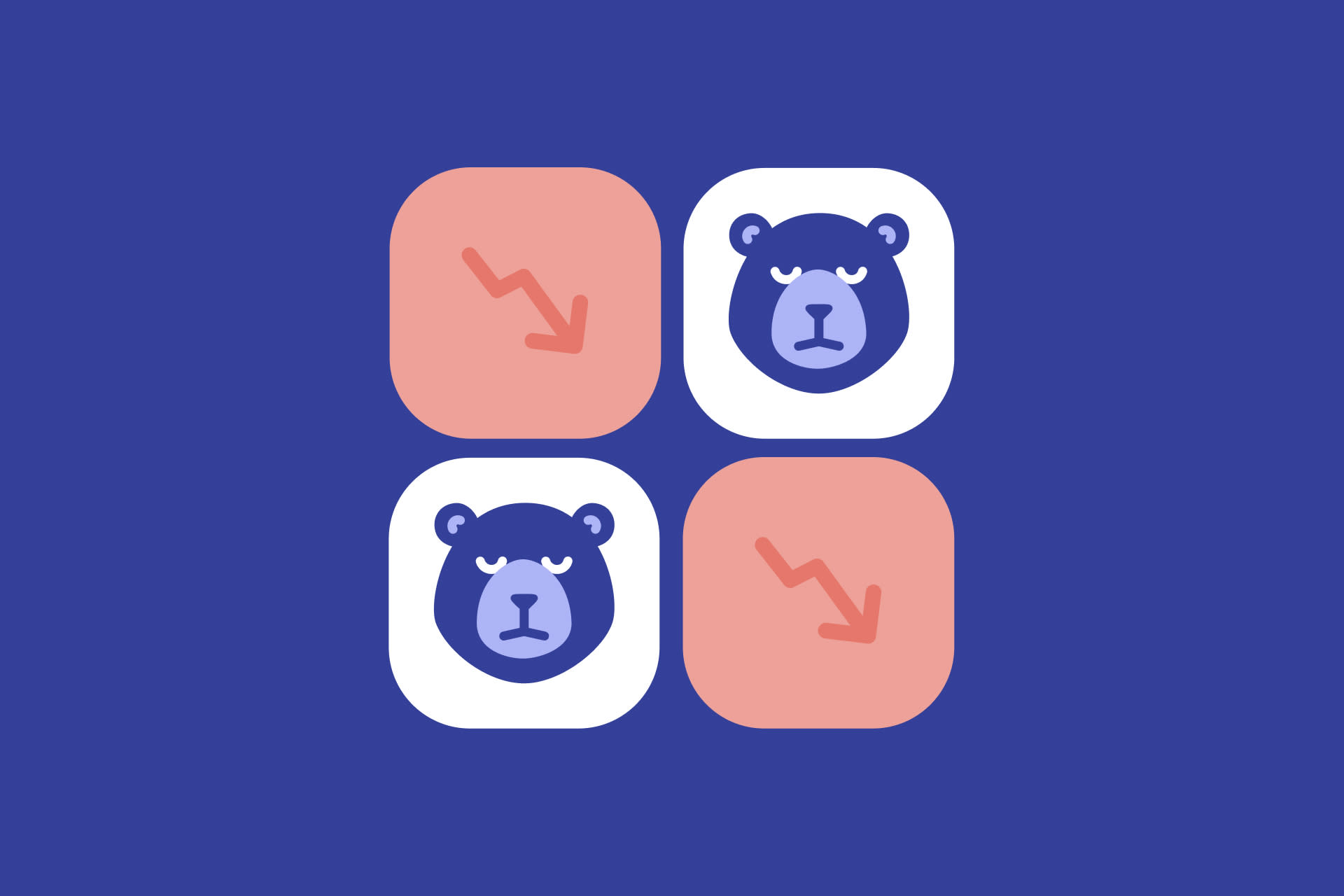 Bear market design with four purple bears and four red arrows in boxes, signifying drop in stock market
