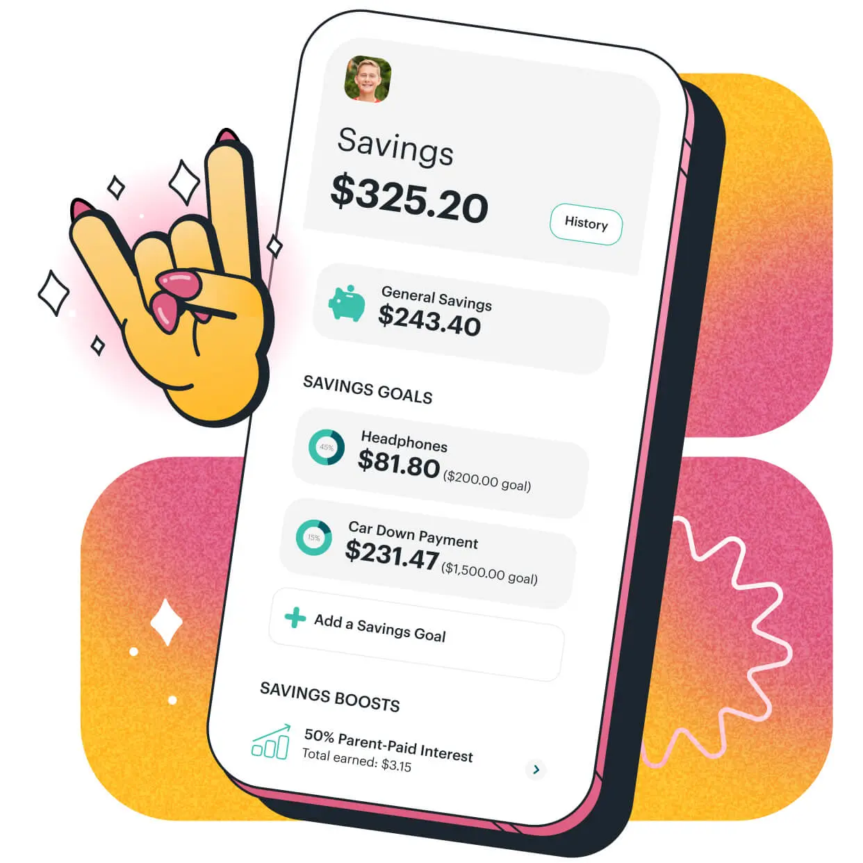 Greenlight app showing a teen's savings