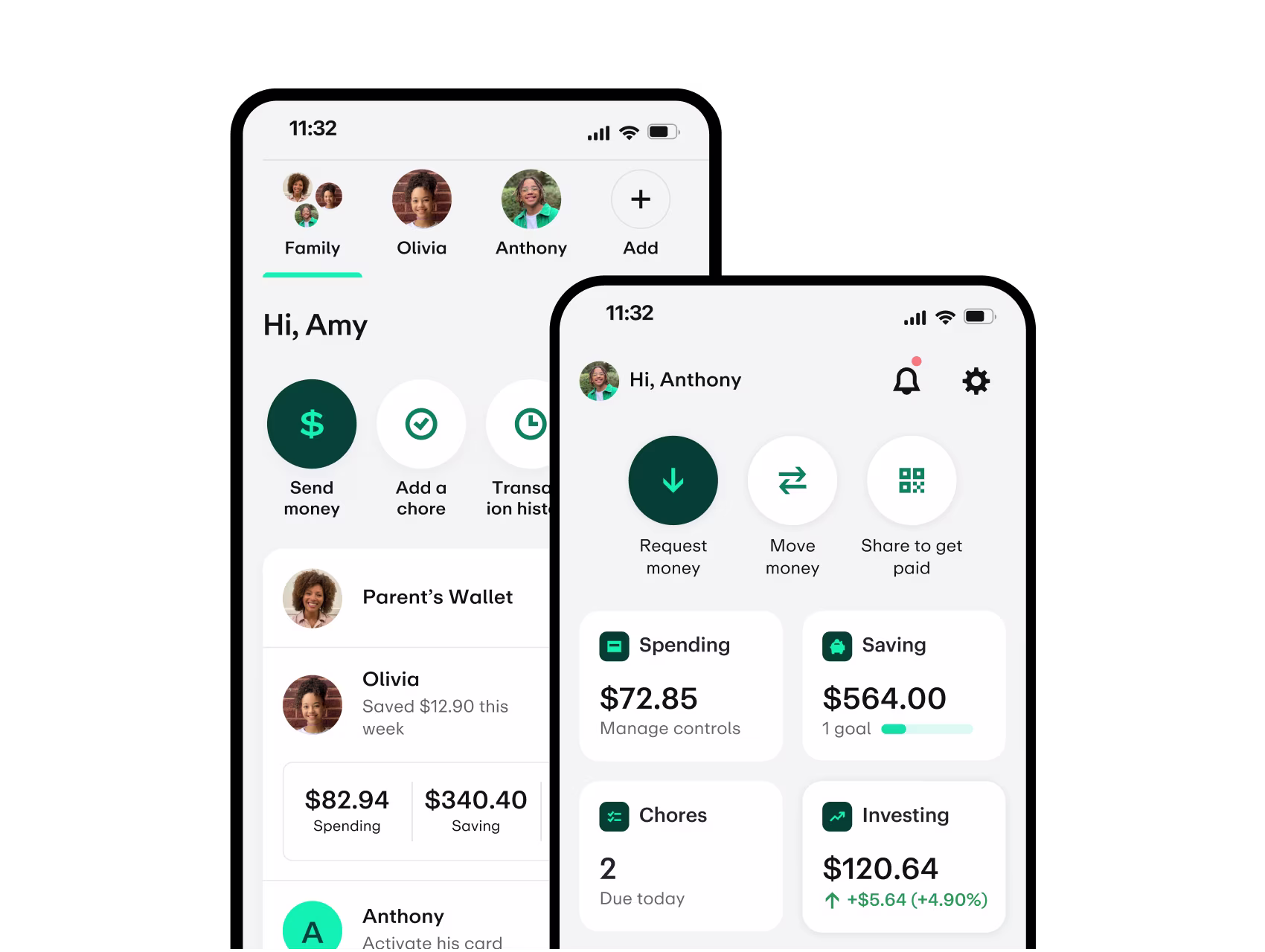 Both you and your kids download the Greenlight app — with tailored experiences. They check off chores, you automate allowance. They spend wisely, you set flexible controls. They build healthy financial habits, and you cheer them on.