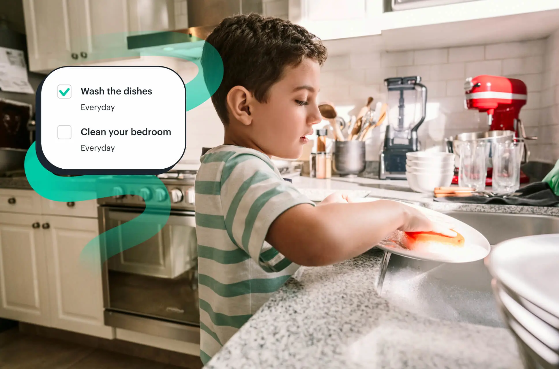 Young boy washing dishes as part of his chores list on his Greenlight chores app for kids