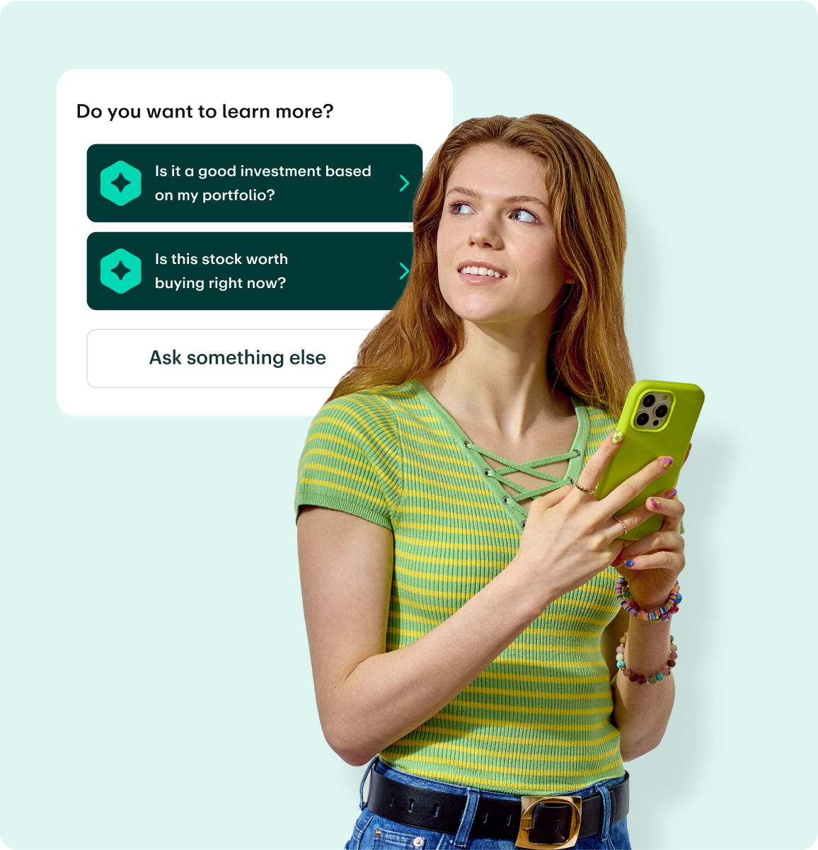 Person in green striped top holding phone with investment questions interface showing portfolio and stock inquiries.