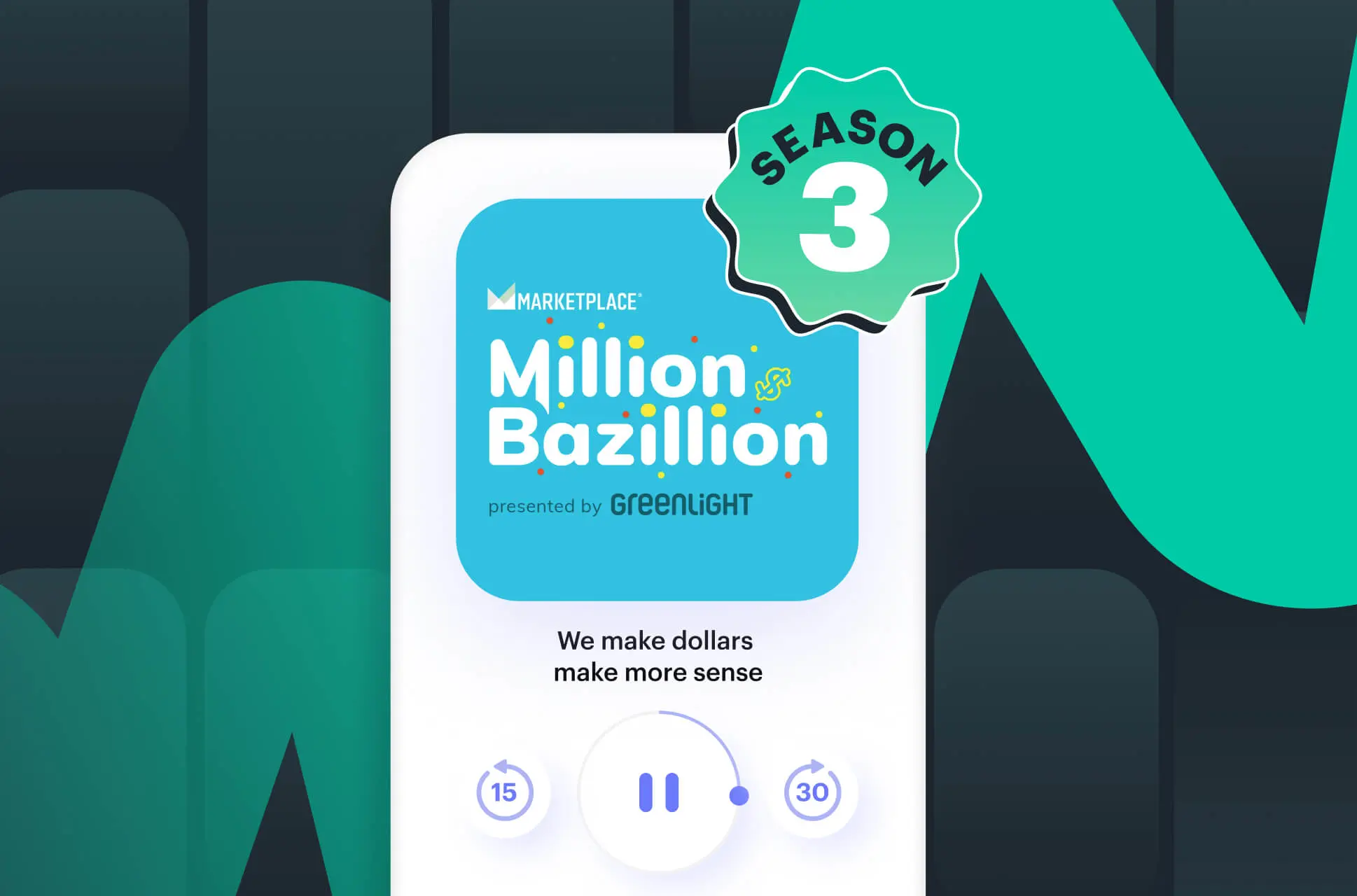 Animated mobile phone with Million Bazillion podcast on screen by Greenlight with financial literacy content