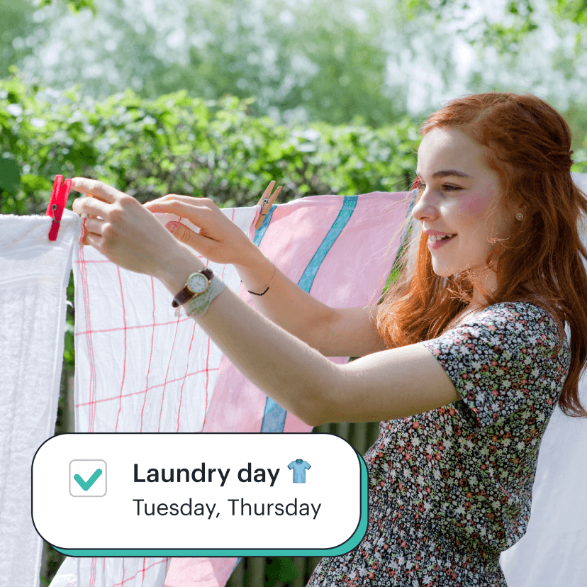 teen girl hanging laundry with greenlight chore notifications around her