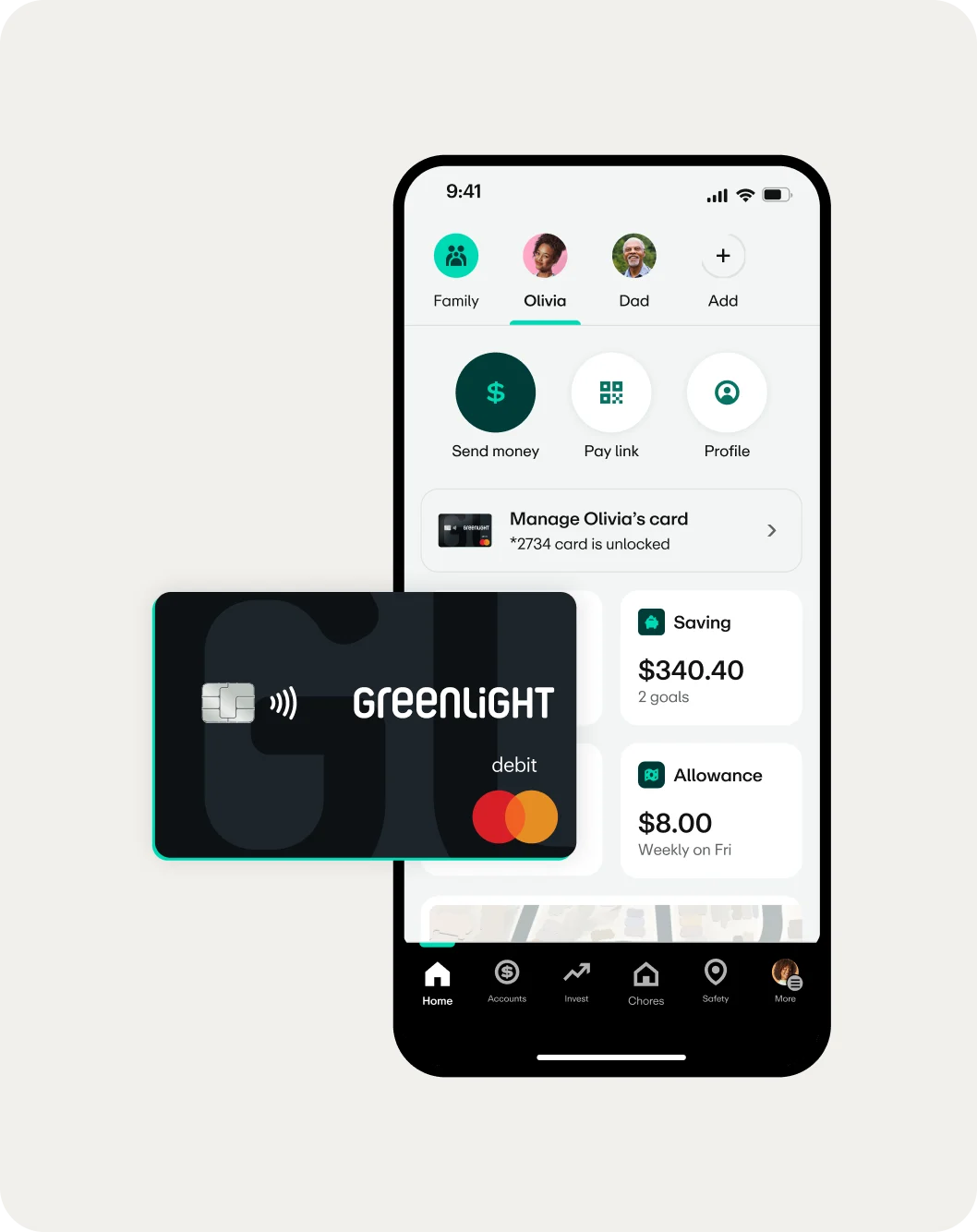 The Greenlight app home screen with a Greenlight debit card, savings, and allowance balances
glskillFp5d3ad21705a59e4e861c546886f7a4b4809086868b231e9d99938b807ed91e04