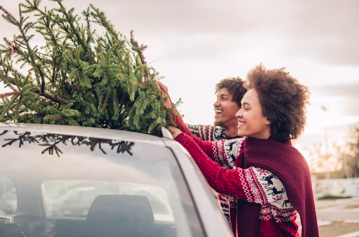 Mom and dad put Christmas tree on top of their car before traveling to see family for the holidays
