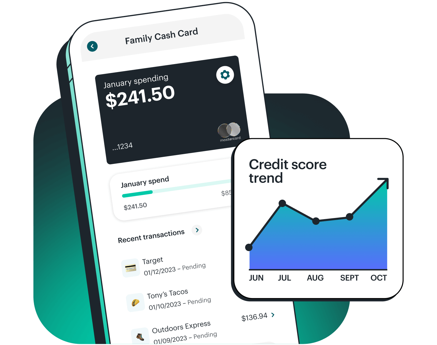 Phone with Greenlight app showing a credit score trend