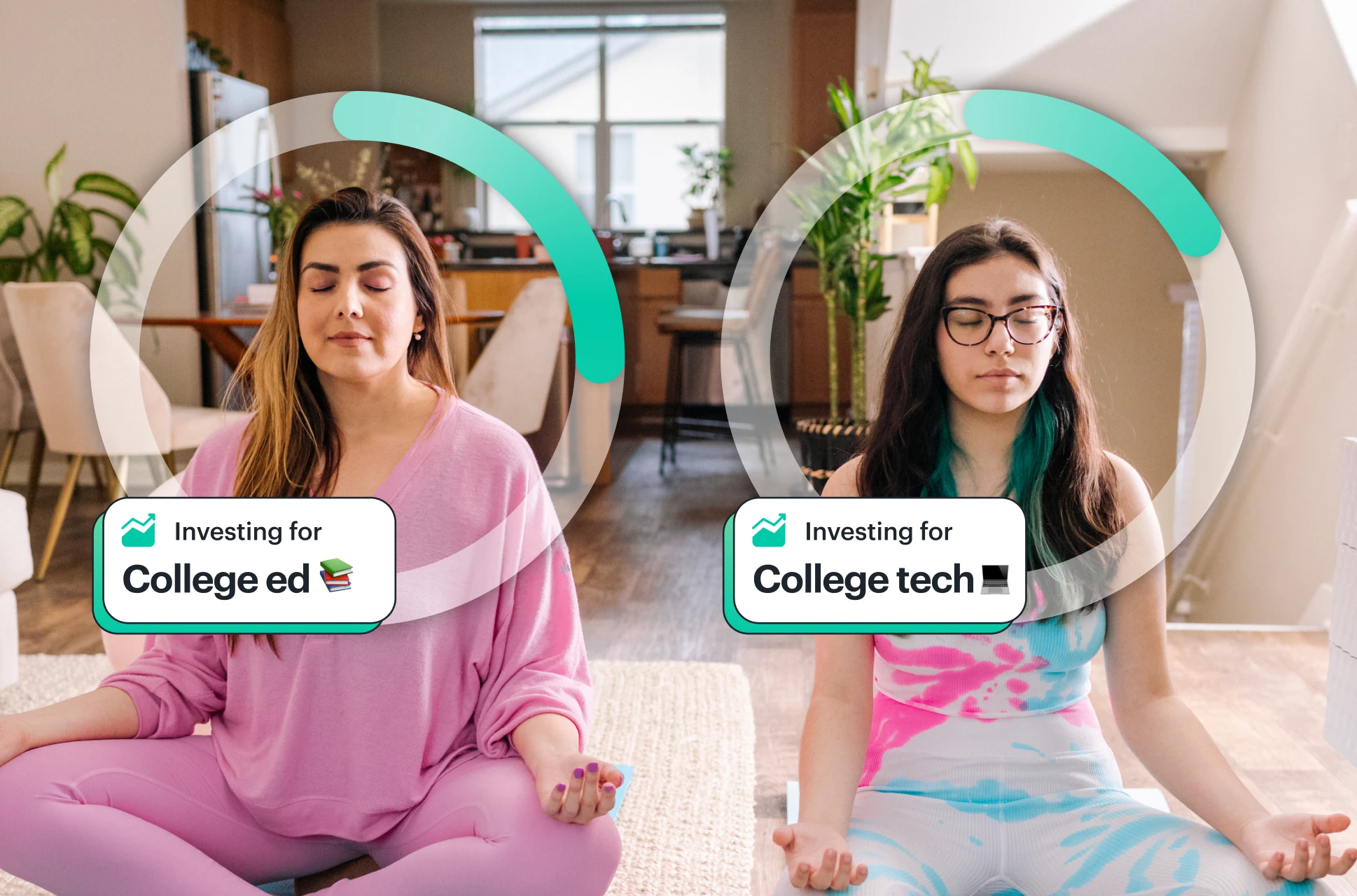 Mom and teen doing yoga together indoors while investing for college with their Greenlight apps