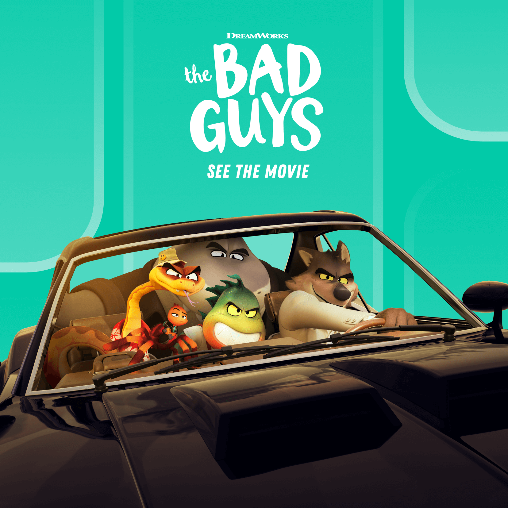 Bad Guys movie characters speeding in a car