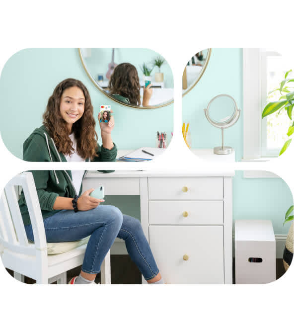 girl sitting at her vanity holding a greenlight debit card