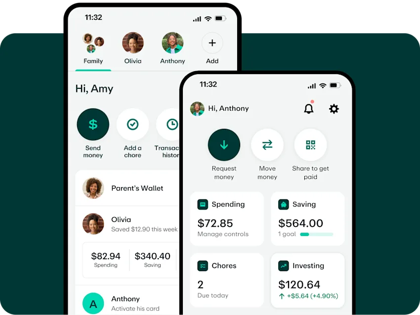 Mobile banking app interface for managing family accounts, chores, spending, saving, and investments.