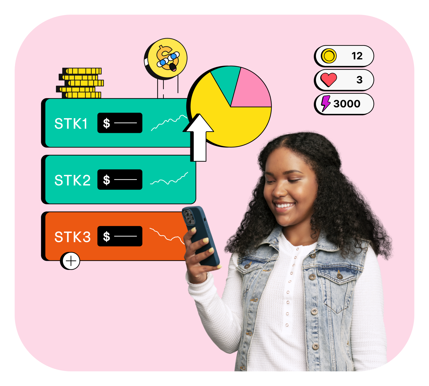 Teen girl playing Level Up financial literacy game on her Greenlight app, winning coins