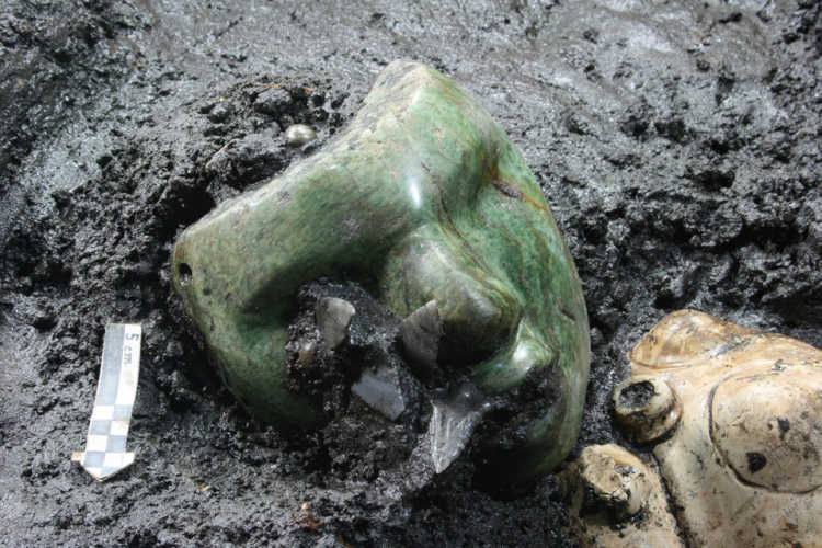 2000 years old green serpentine stone mask found at the base of Pyramid of the Sun, Teotihuacán, Mexico