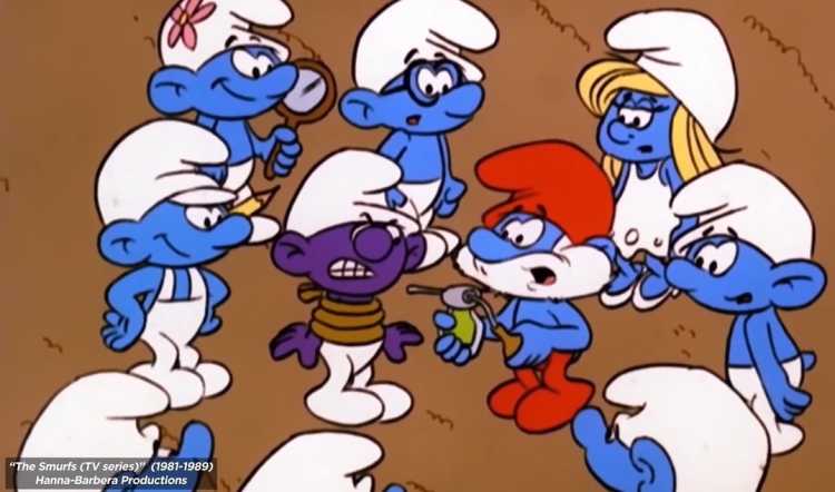 Smurfs quarantining the "sick" members of their community, whose symptoms are stupidity, aggression and darker skin