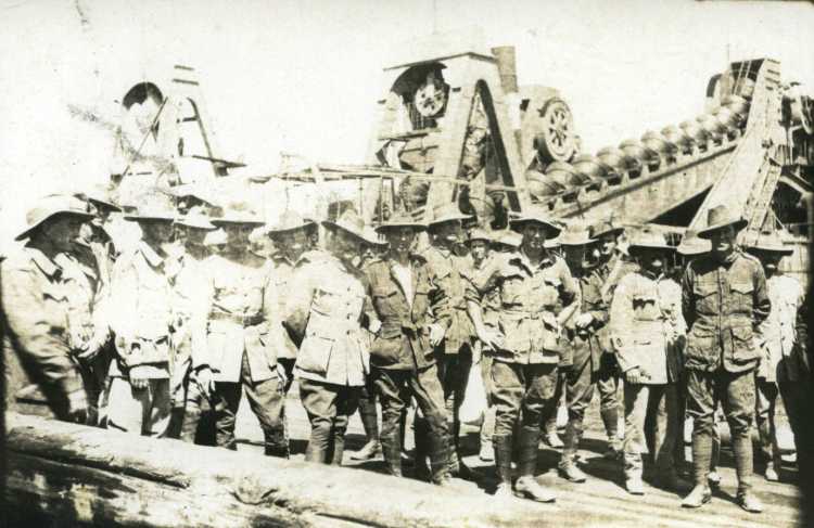Australian soldiers with a tunnelling machine in France during WW1