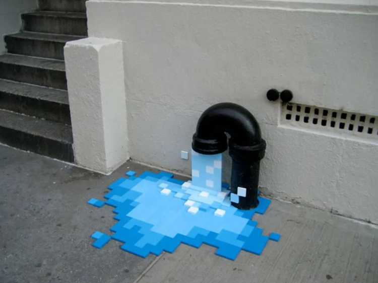 Pixel pipe pouring water street art
