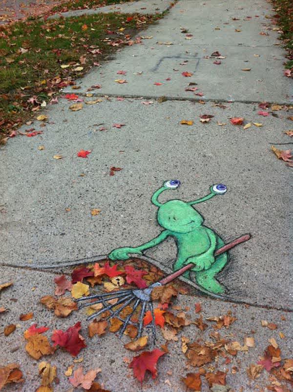 Little Green Alien David Zinn 3D street Art