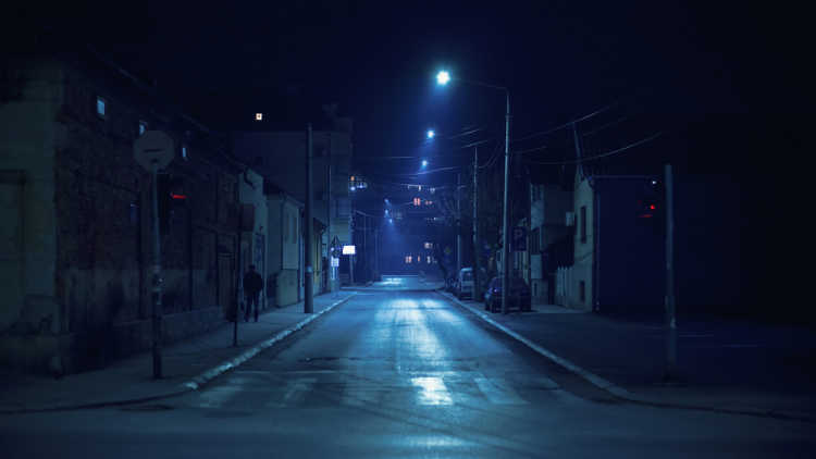 dark crossroad junction road night street lamp