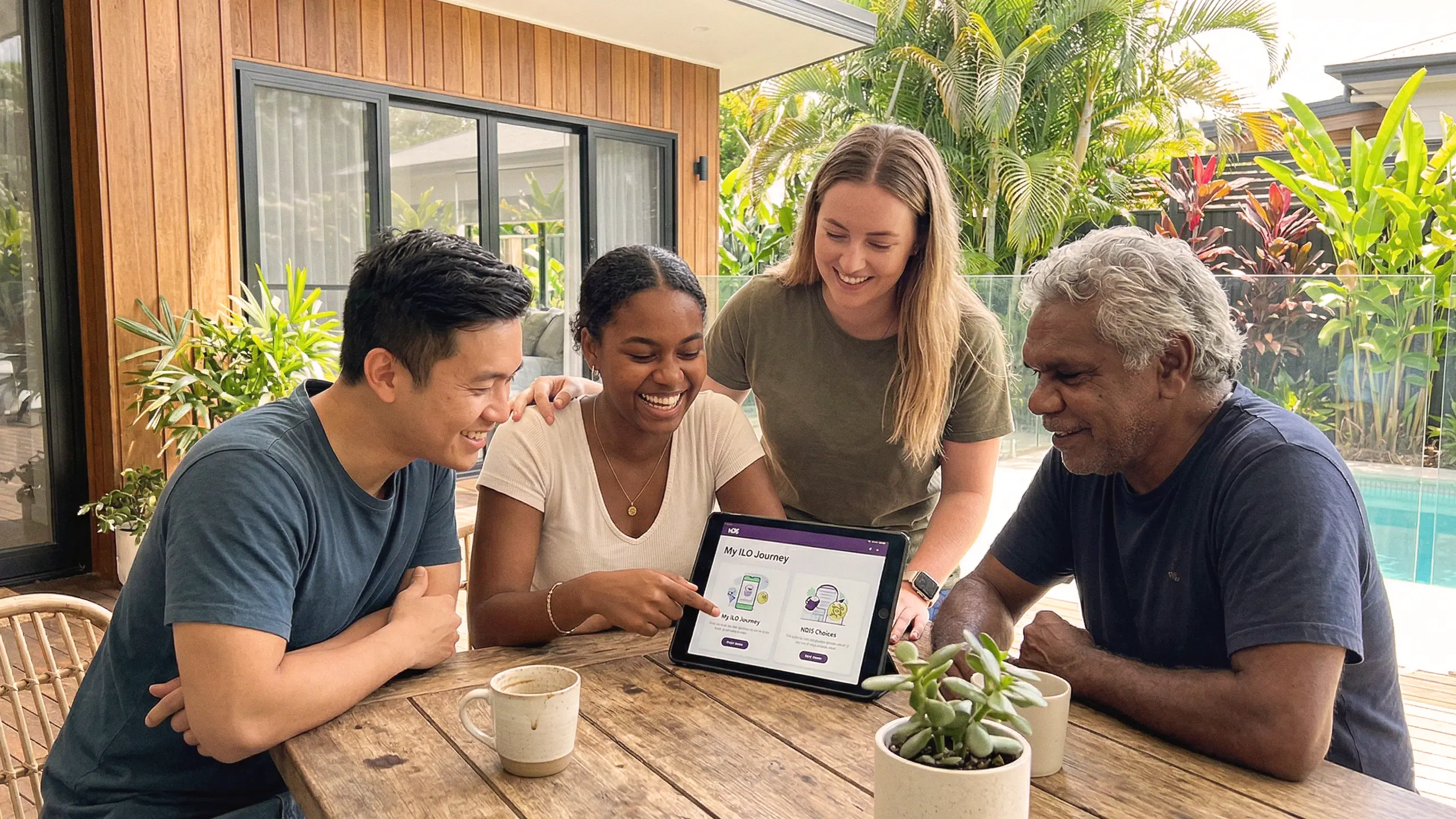 A bright, airy Queensland-style home where an NDIS participant and a support worker are sharing a coffee and planning a weekly schedule on a tablet, showcasing the balance of independence and professional care.