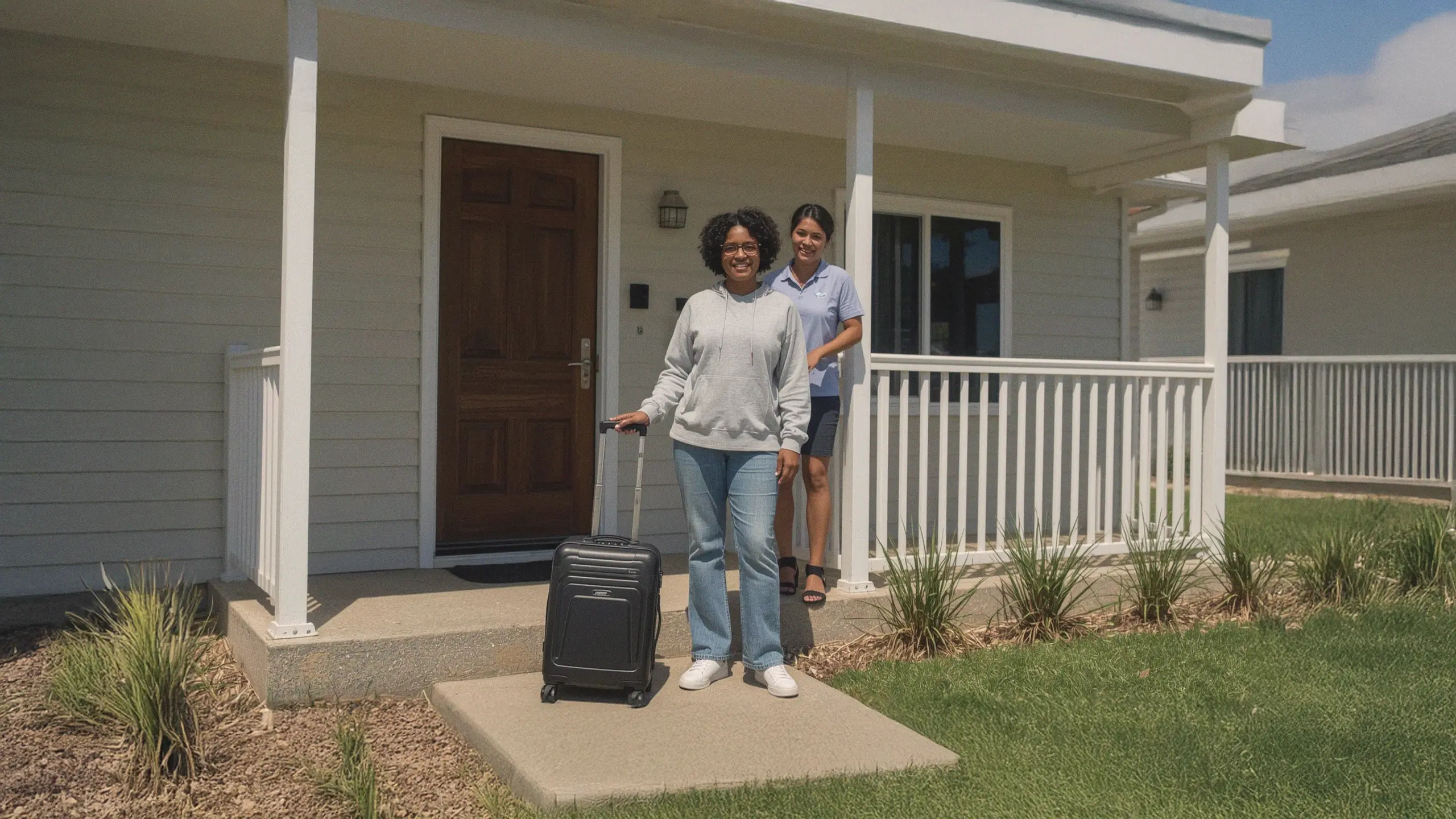 A young woman with a disability standing proudly in front of her new supported accommodation home, suitcase beside her, support worker nearby, sunny day in suburban Brisbane.