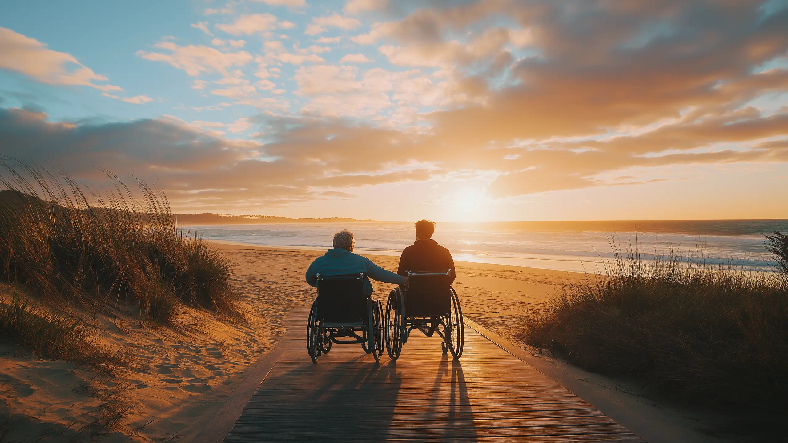 A NDIS participant couple in wheelchairs enjoying a beach in the Sunshine Coast