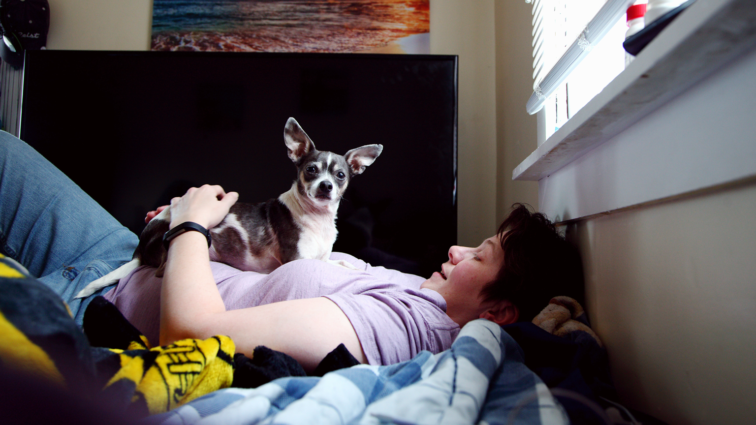 Lady on a bed with a lovely dog on top of her