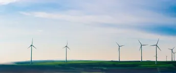 Åtta vindkraftverk fotograferade på avstånd på en grön åker med blå himmel i bakgrunden.