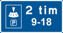 Blå skylt med vit text som visar att p-skiva får användas i max 2 timmar mellan 9–18.