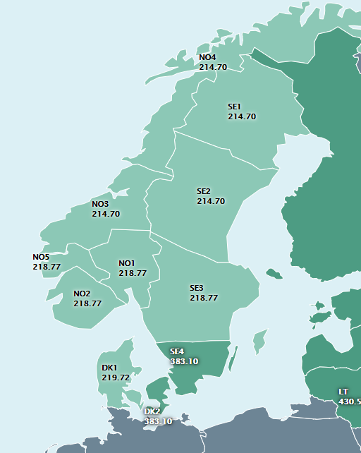 Karta över sverige och norge med elpriser och elprisområden