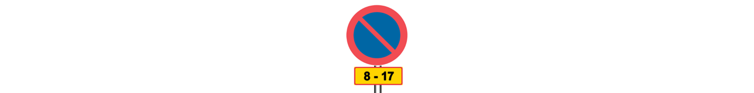 Skylt som visar parkeringsförbud med en tilläggstavla med tidsangivelsen 8–17.