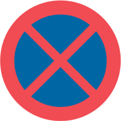 Blå, rund skylt med röd ring och ett rött kors som visar stopp- och parkeringsförbud.