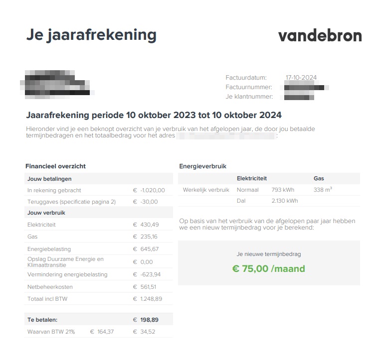 voorbeeld jaarafrekening van je energieleverancier