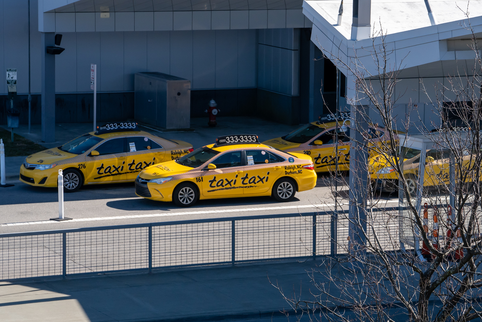 Yellow taxi cabs lined up outside a modern building with blue-gray exterior and bare trees in foreground.
