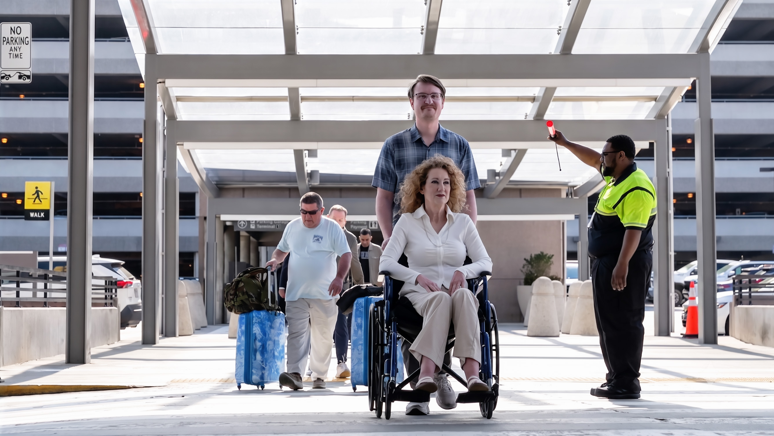 Man pushing woman in wheelchair at airport terminal with travelers and staff in background under modern canopy.