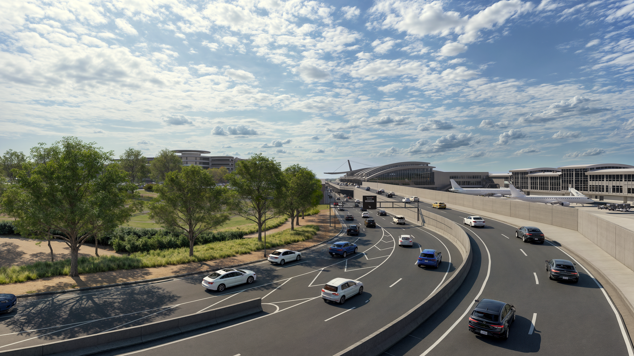 A rendering of the extended John Brantley Boulevard, showing cars leading to RDU's Terminal 2.