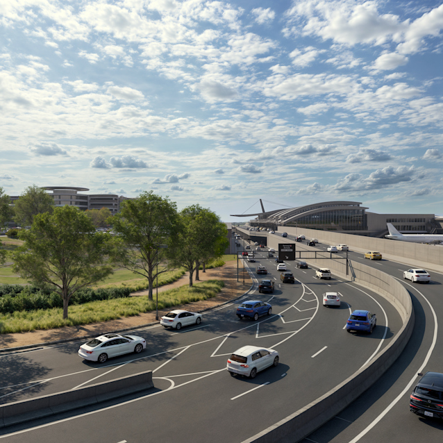 A rendering of the extended John Brantley Boulevard, showing cars leading to RDU's Terminal 2.