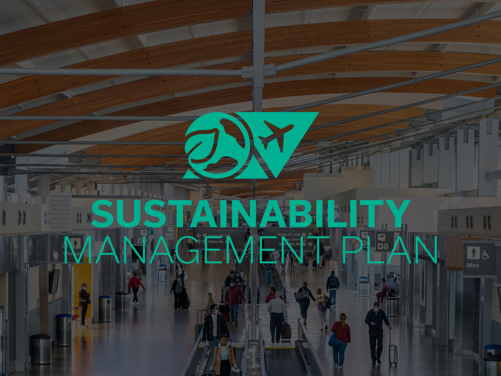 Modern airport terminal with travelers walking through bright corridor, overlaid with green sustainability management plan logo