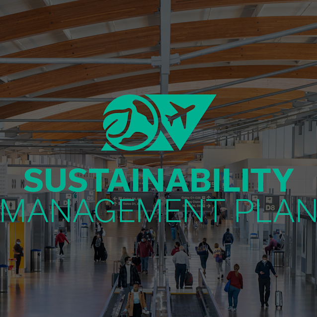 Modern airport terminal with travelers walking through bright corridor, overlaid with green sustainability management plan logo
