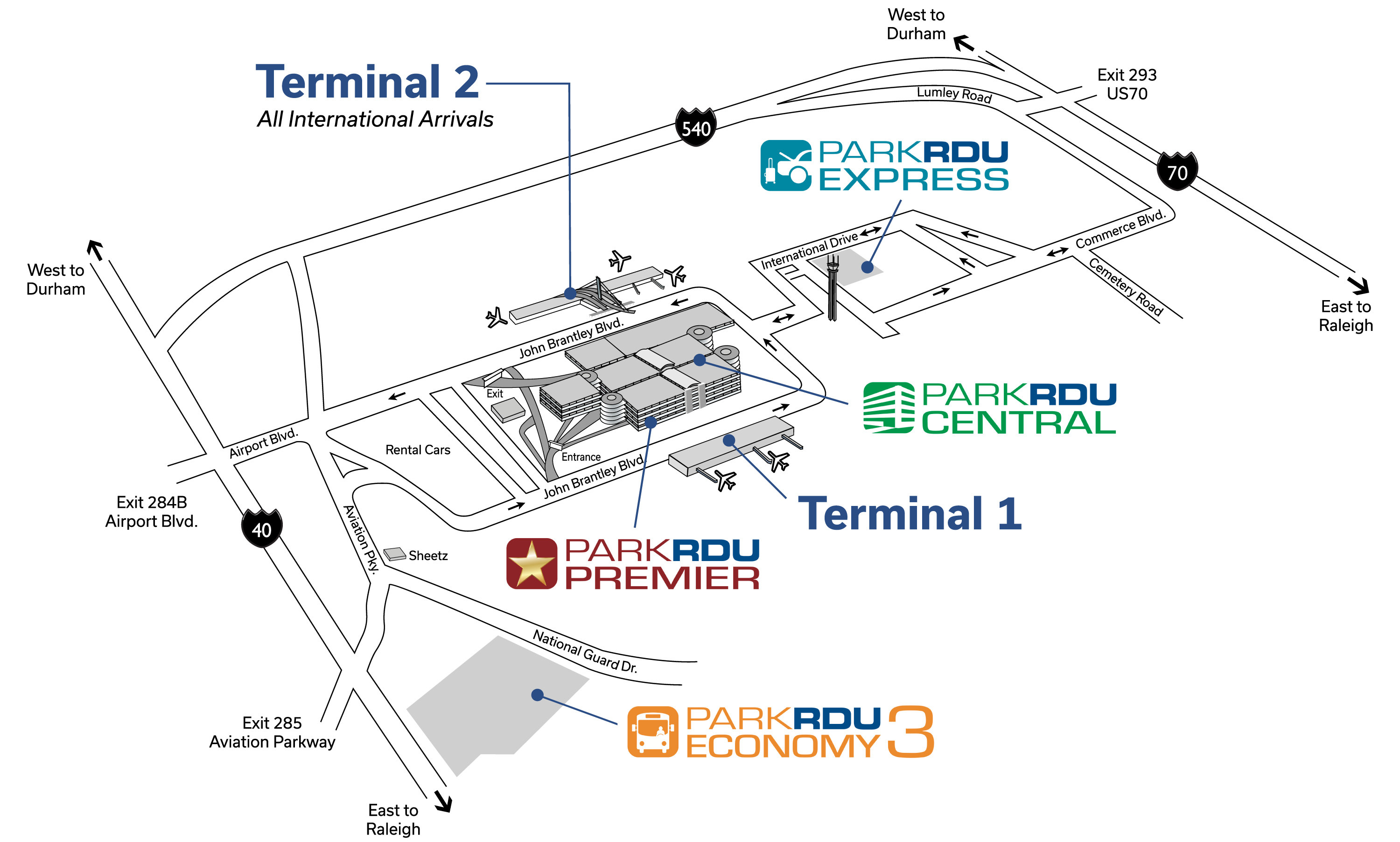Map showing RDU Airport terminals and parking locations with highways 40, 540, and 70, plus directional routes to Durham and Raleigh.