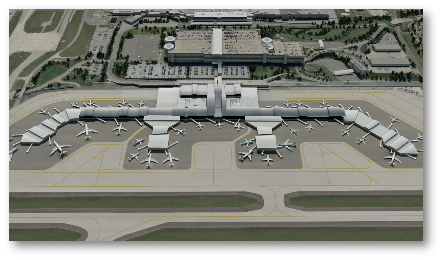 Rendering of an aerial view of airport terminal with multiple white aircraft parked at gates, runways with yellow markings, and parking lots.