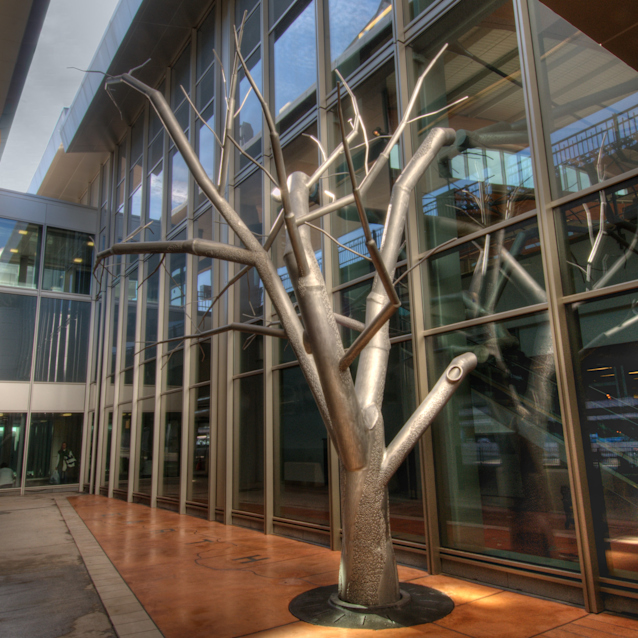 Modern courtyard with metallic tree sculpture on orange-tiled floor, surrounded by glass walls and overhangs.