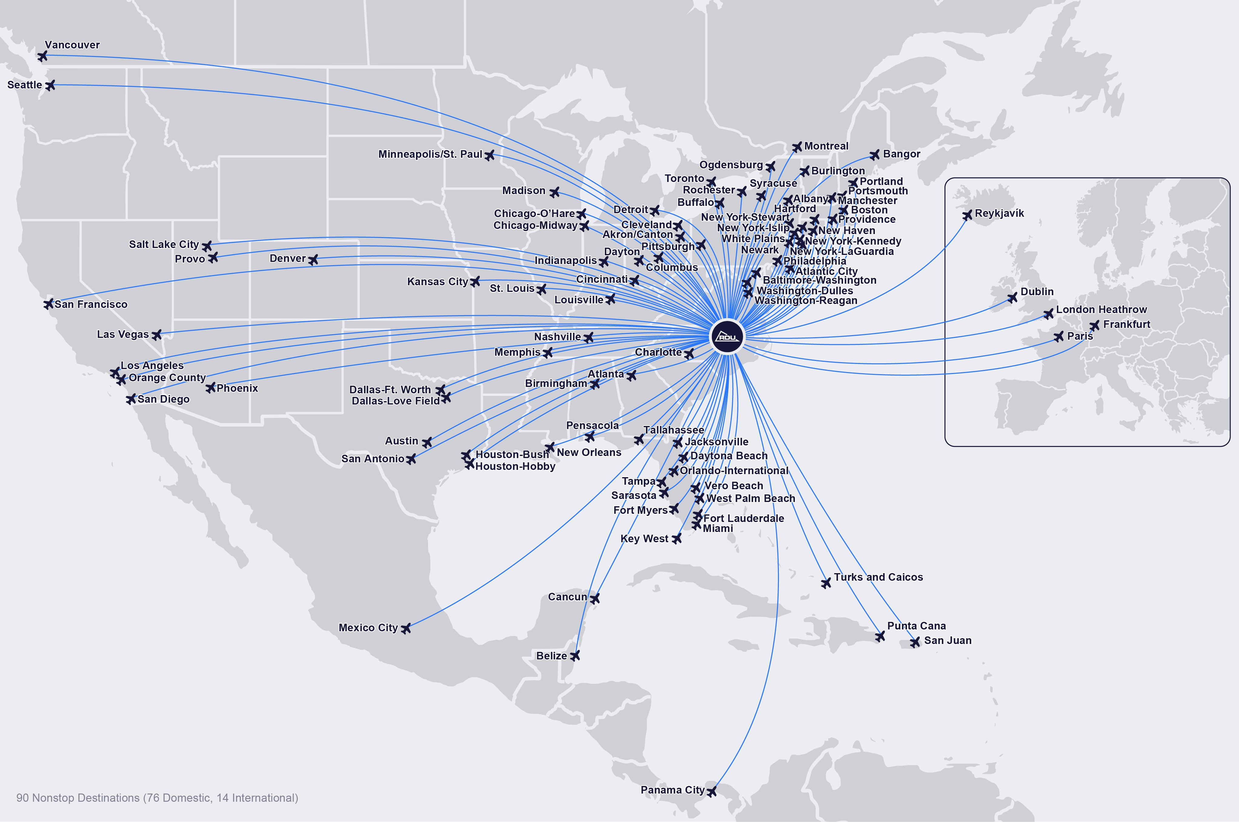 Route map showing flight connections from a central hub to 90 destinations across North America, Europe, and Caribbean.