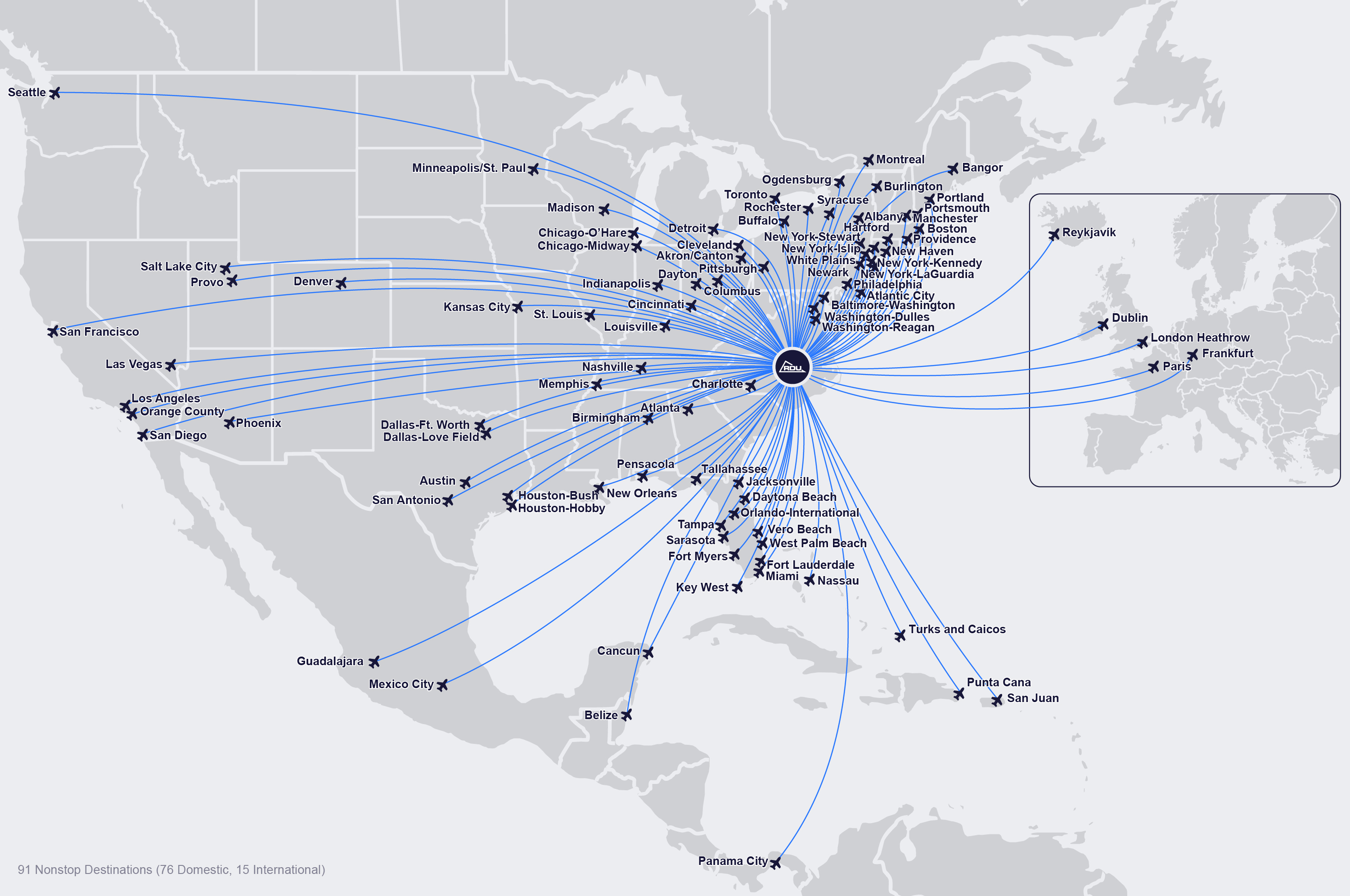 Route map showing flight connections from a central hub to 90 destinations across North America, Europe, and Caribbean.