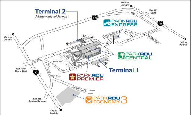 Map of Raleigh-Durham International Airport showing Terminals 1 and 2. Terminal 2 is labeled for all international arrivals. Parking areas are marked as ParkRDU Express, ParkRDU Central, ParkRDU Premier, and ParkRDU Economy 3. Major roads and exits are indicated for directions to Durham and Raleigh.