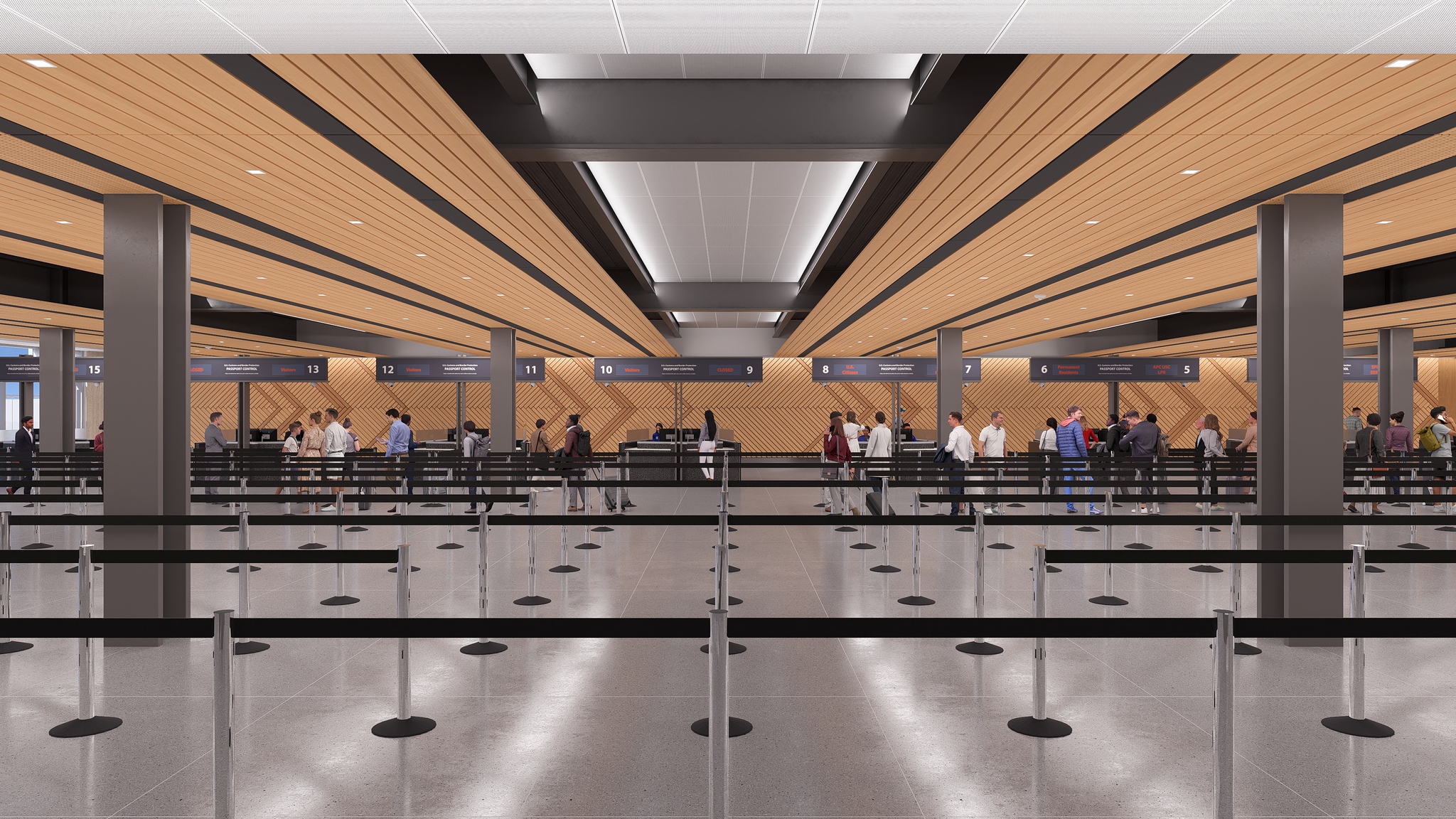 A rendering of RDU's future customs expansion, with numbered counters, wood-paneled walls, queue barriers, and travelers at service desks.