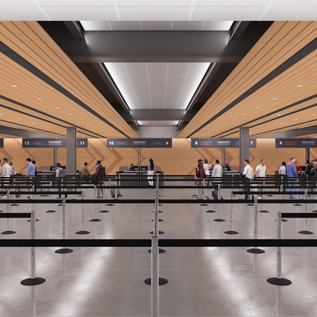 A rendering of RDU's future customs expansion, with numbered counters, wood-paneled walls, queue barriers, and travelers at service desks.